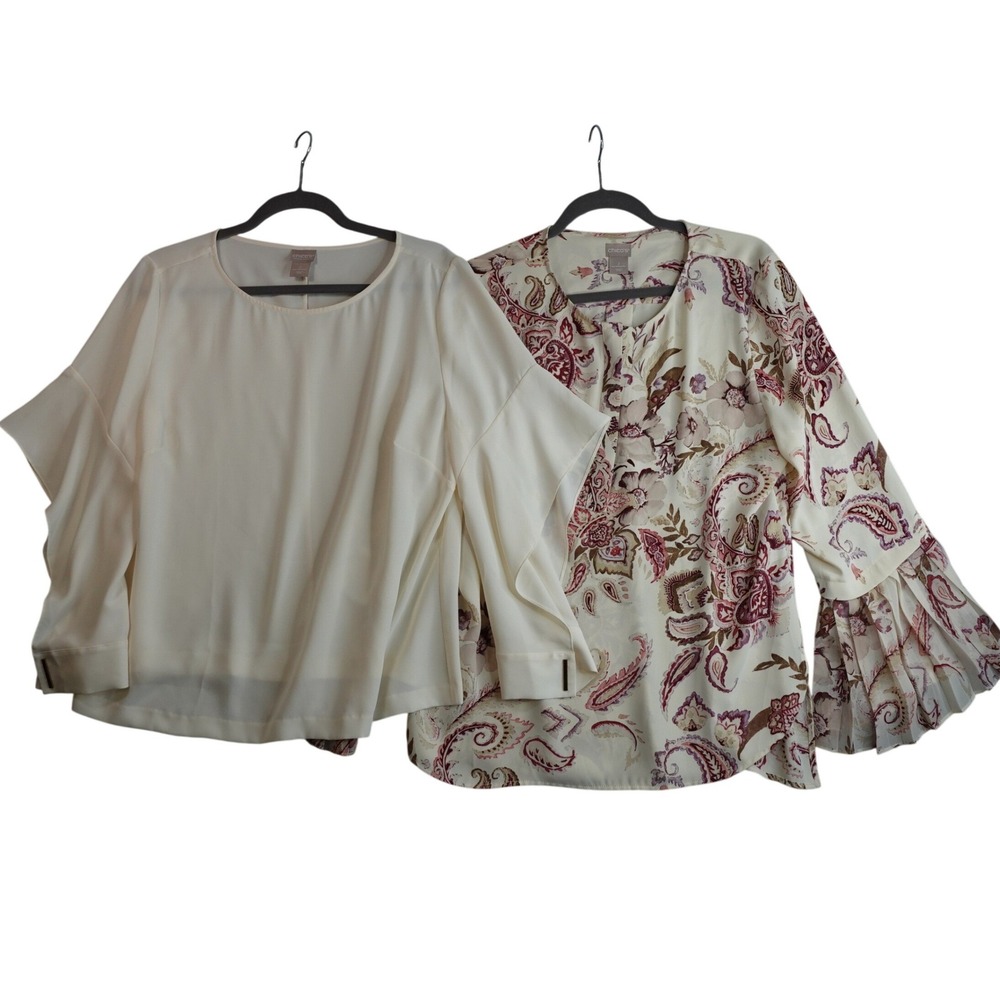 Chicos Womens 2 Cream Paisley Black Label Blouse Lot Bell Sleeve Floral Chiffon